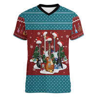 Christmas Guitar Women V-Neck T-Shirt with Santa Hats Trees Snowflakes and Musical Pattern - Wonder Print Shop