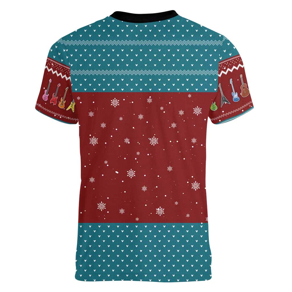 Christmas Guitar Women V-Neck T-Shirt with Santa Hats Trees Snowflakes and Musical Pattern - Wonder Print Shop