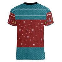 Christmas Guitar Women V-Neck T-Shirt with Santa Hats Trees Snowflakes and Musical Pattern - Wonder Print Shop
