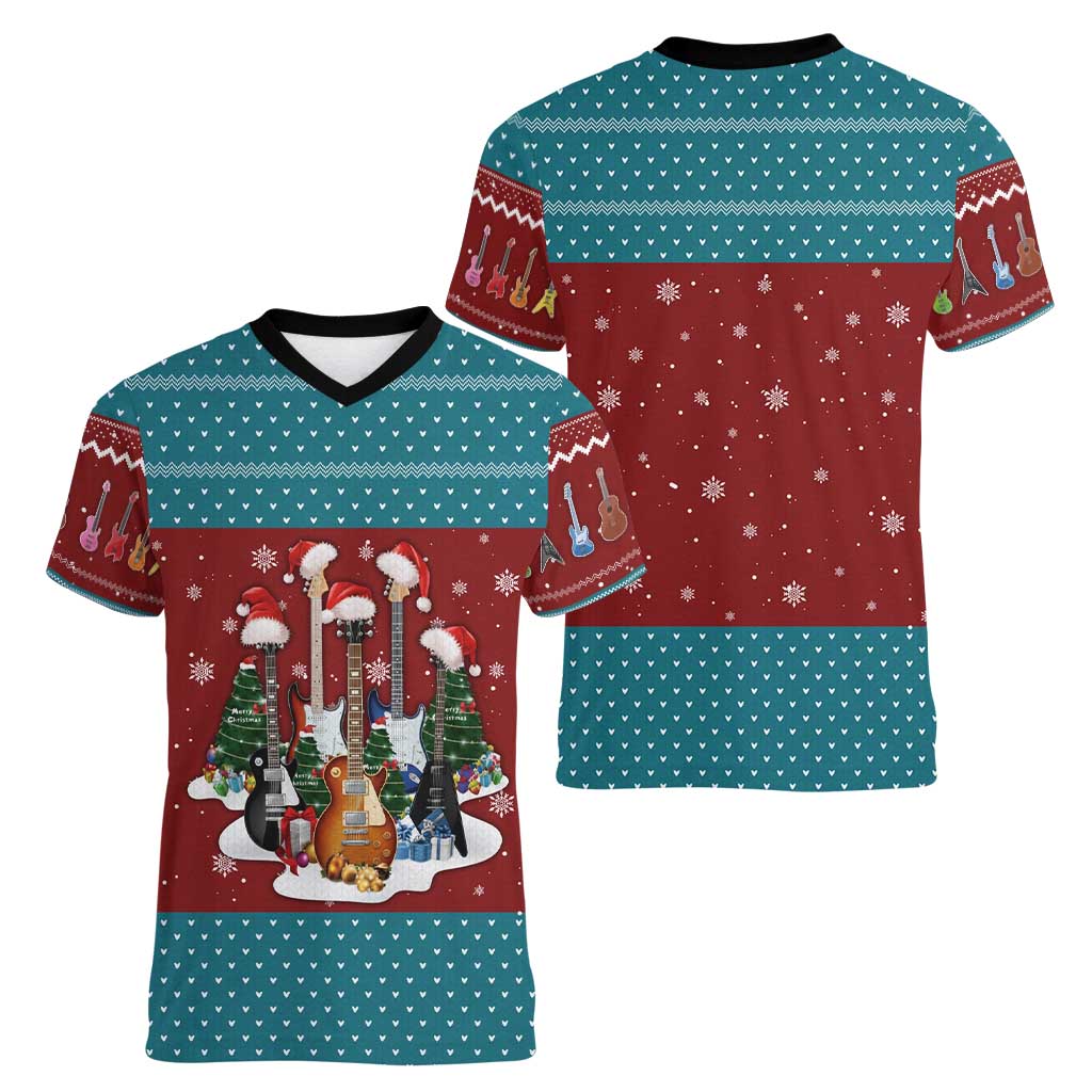 Christmas Guitar Women V-Neck T-Shirt with Santa Hats Trees Snowflakes and Musical Pattern - Wonder Print Shop
