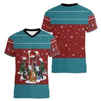 Christmas Guitar Women V-Neck T-Shirt with Santa Hats Trees Snowflakes and Musical Pattern - Wonder Print Shop