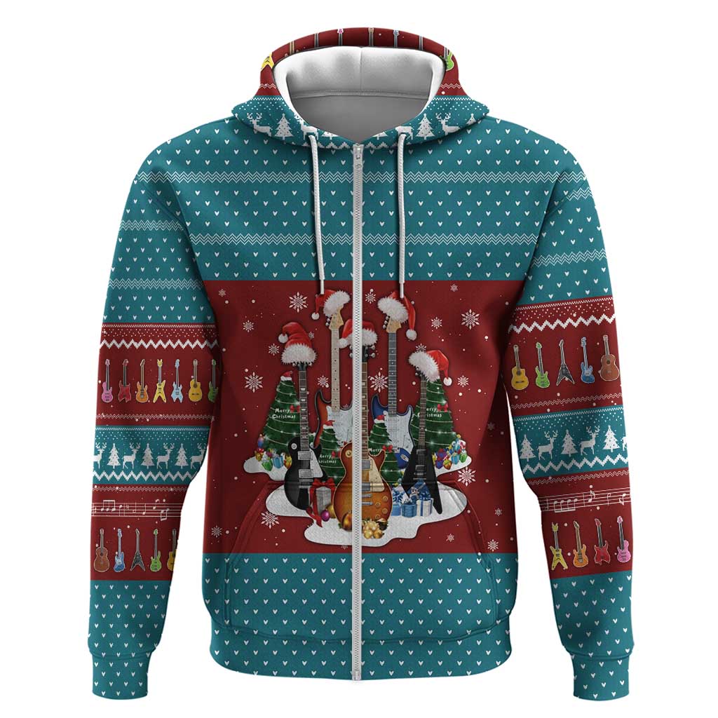 Christmas Guitar Zip Hoodie with Santa Hats Trees Snowflakes and Musical Pattern - Wonder Print Shop