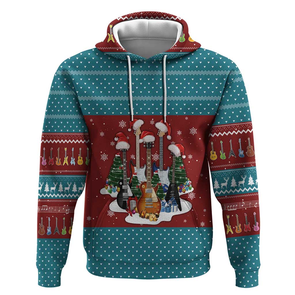 Christmas Guitar Zip Hoodie with Santa Hats Trees Snowflakes and Musical Pattern - Wonder Print Shop