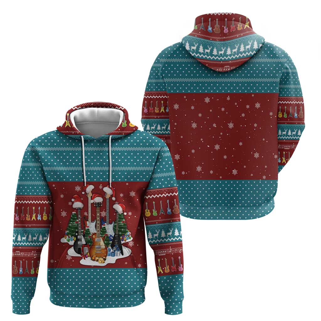 Christmas Guitar Zip Hoodie with Santa Hats Trees Snowflakes and Musical Pattern - Wonder Print Shop