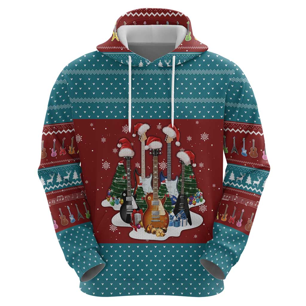 Christmas Guitar Zip Hoodie with Santa Hats Trees Snowflakes and Musical Pattern - Wonder Print Shop