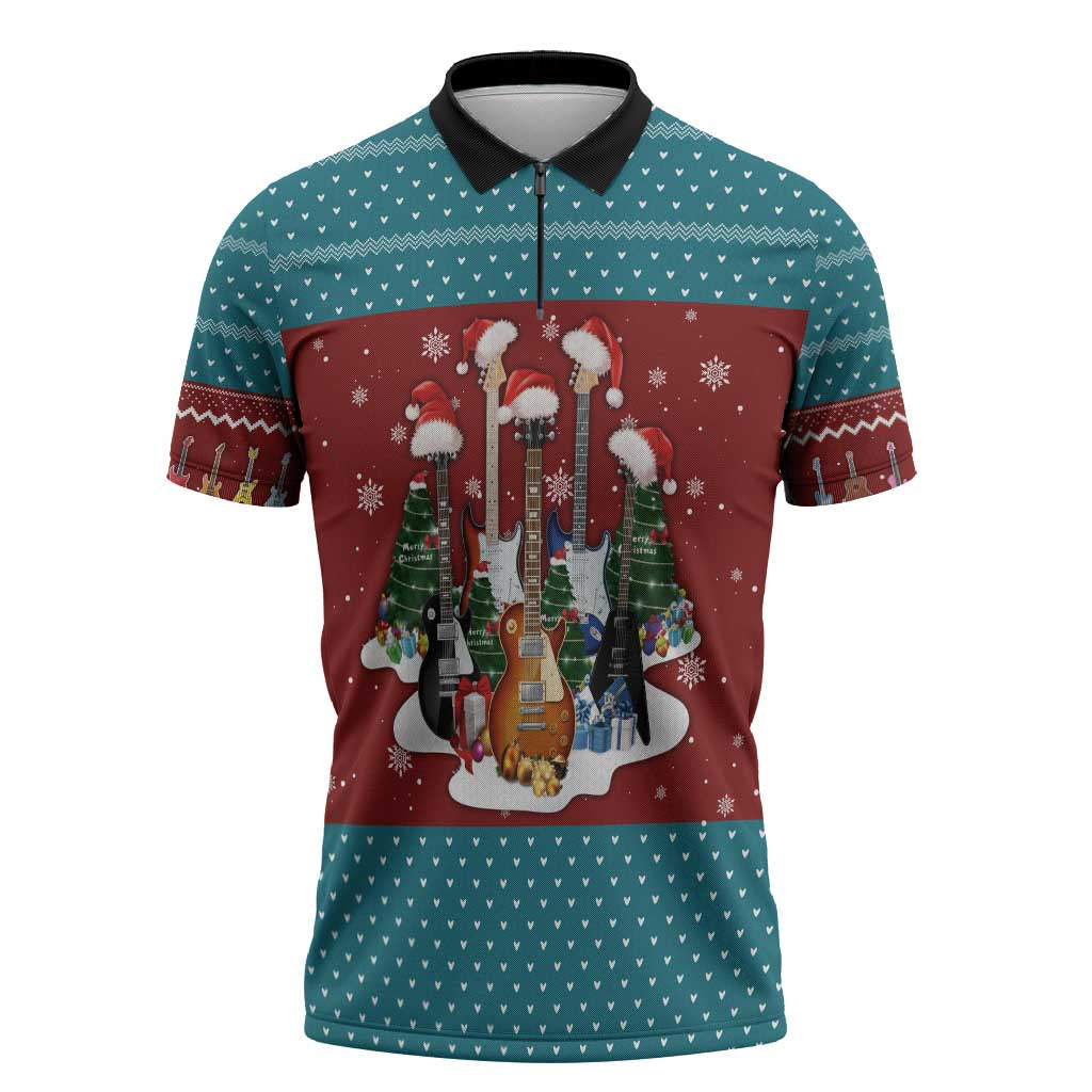 Christmas Guitar Zipper Polo Shirt with Santa Hats Trees Snowflakes and Musical Pattern - Wonder Print Shop