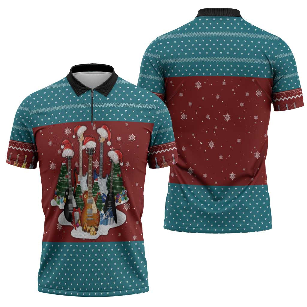 Christmas Guitar Zipper Polo Shirt with Santa Hats Trees Snowflakes and Musical Pattern - Wonder Print Shop