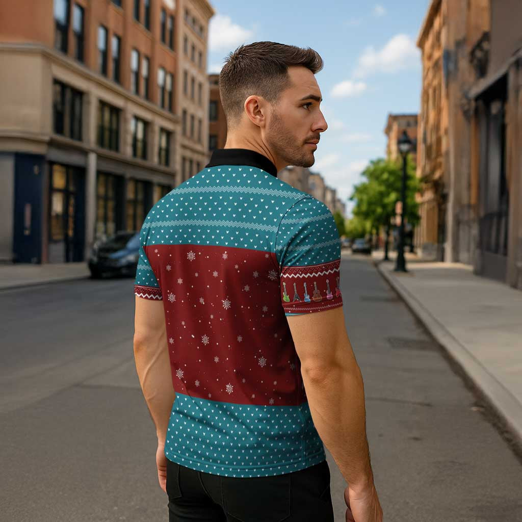 Christmas Guitar Zipper Polo Shirt with Santa Hats Trees Snowflakes and Musical Pattern - Wonder Print Shop