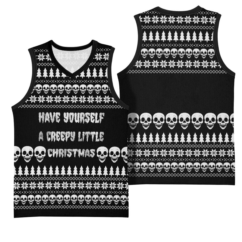 Creepy Christmas Basketball Jersey with Skulls Trees and Gothic Holiday Pattern - Wonder Print Shop