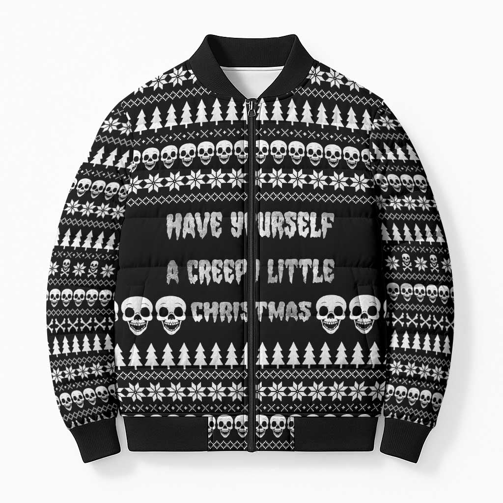 Creepy Christmas Bomber Puffer Jacket with Skulls Trees and Gothic Holiday Pattern - Wonder Print Shop