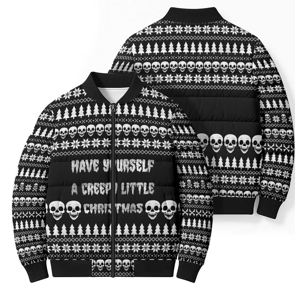 Creepy Christmas Bomber Puffer Jacket with Skulls Trees and Gothic Holiday Pattern - Wonder Print Shop