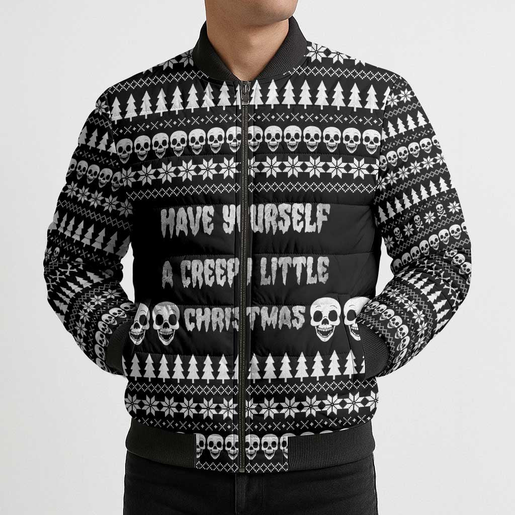 Creepy Christmas Bomber Puffer Jacket with Skulls Trees and Gothic Holiday Pattern - Wonder Print Shop