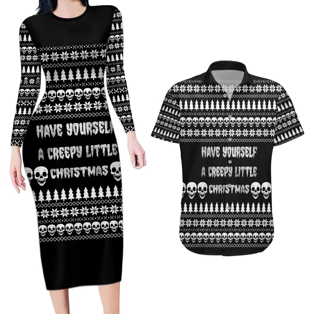 Creepy Christmas Couples Matching Long Sleeve Bodycon Dress and Hawaiian Shirt with Skulls Trees and Gothic Holiday Pattern - Wonder Print Shop