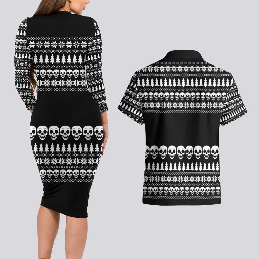 Creepy Christmas Couples Matching Long Sleeve Bodycon Dress and Hawaiian Shirt with Skulls Trees and Gothic Holiday Pattern - Wonder Print Shop