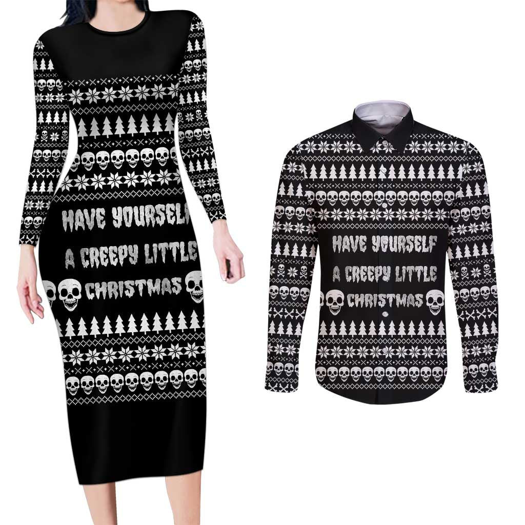 Creepy Christmas Couples Matching Long Sleeve Bodycon Dress and Long Sleeve Button Shirt with Skulls Trees and Gothic Holiday Pattern - Wonder Print Shop