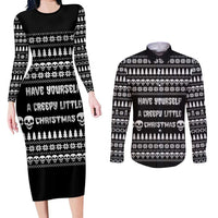 Creepy Christmas Couples Matching Long Sleeve Bodycon Dress and Long Sleeve Button Shirt with Skulls Trees and Gothic Holiday Pattern - Wonder Print Shop