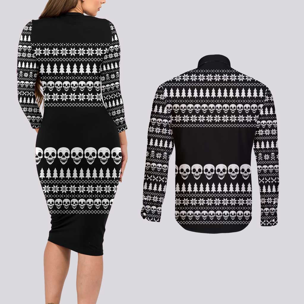 Creepy Christmas Couples Matching Long Sleeve Bodycon Dress and Long Sleeve Button Shirt with Skulls Trees and Gothic Holiday Pattern - Wonder Print Shop