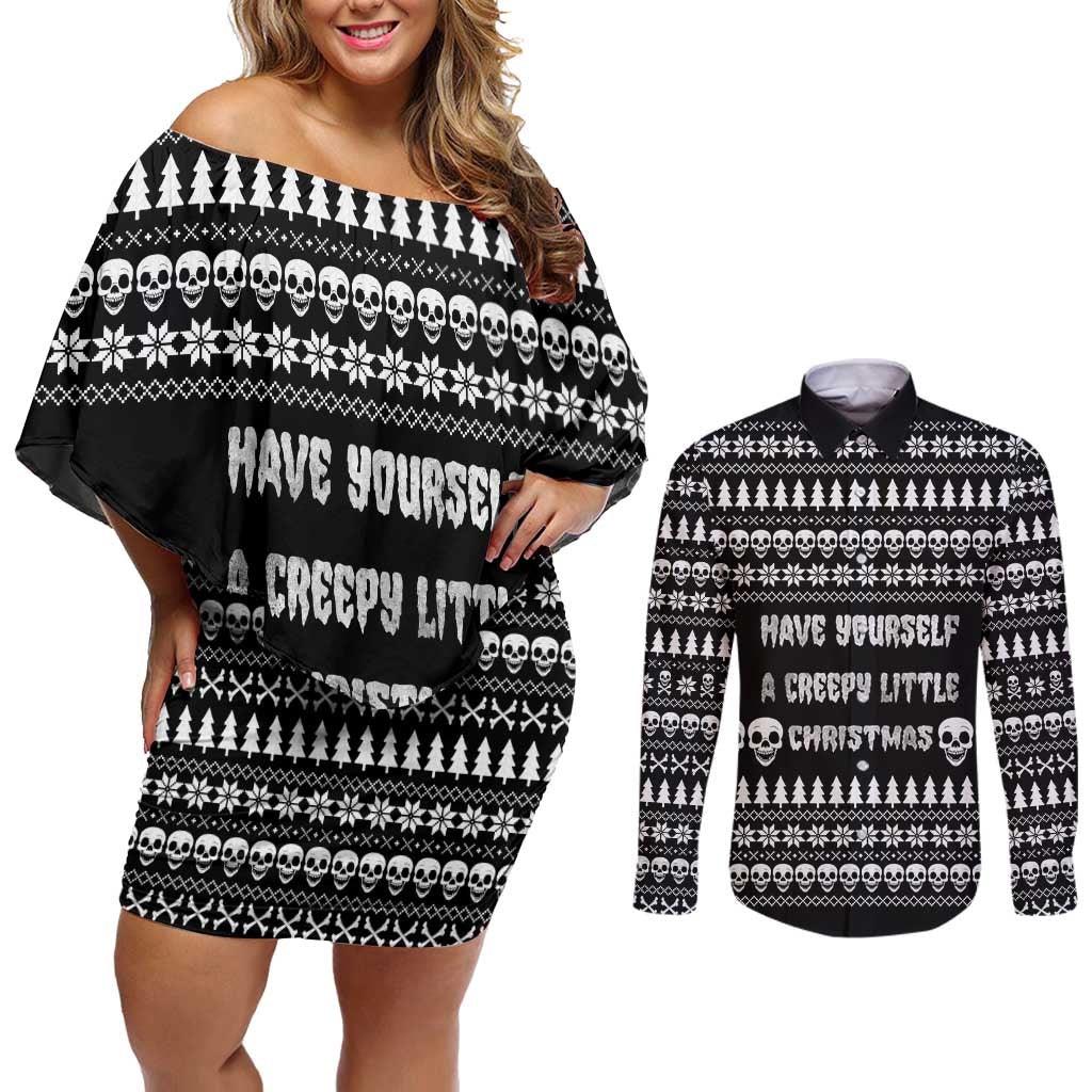 Creepy Christmas Couples Matching Off Shoulder Short Dress and Long Sleeve Button Shirt with Skulls Trees and Gothic Holiday Pattern - Wonder Print Shop