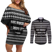 Creepy Christmas Couples Matching Off Shoulder Short Dress and Long Sleeve Button Shirt with Skulls Trees and Gothic Holiday Pattern - Wonder Print Shop