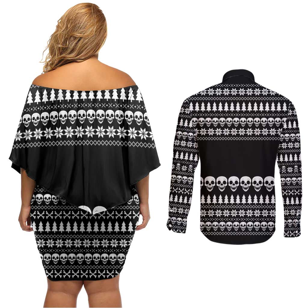 Creepy Christmas Couples Matching Off Shoulder Short Dress and Long Sleeve Button Shirt with Skulls Trees and Gothic Holiday Pattern - Wonder Print Shop