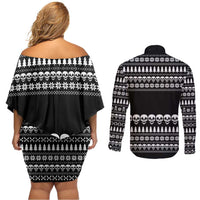 Creepy Christmas Couples Matching Off Shoulder Short Dress and Long Sleeve Button Shirt with Skulls Trees and Gothic Holiday Pattern - Wonder Print Shop