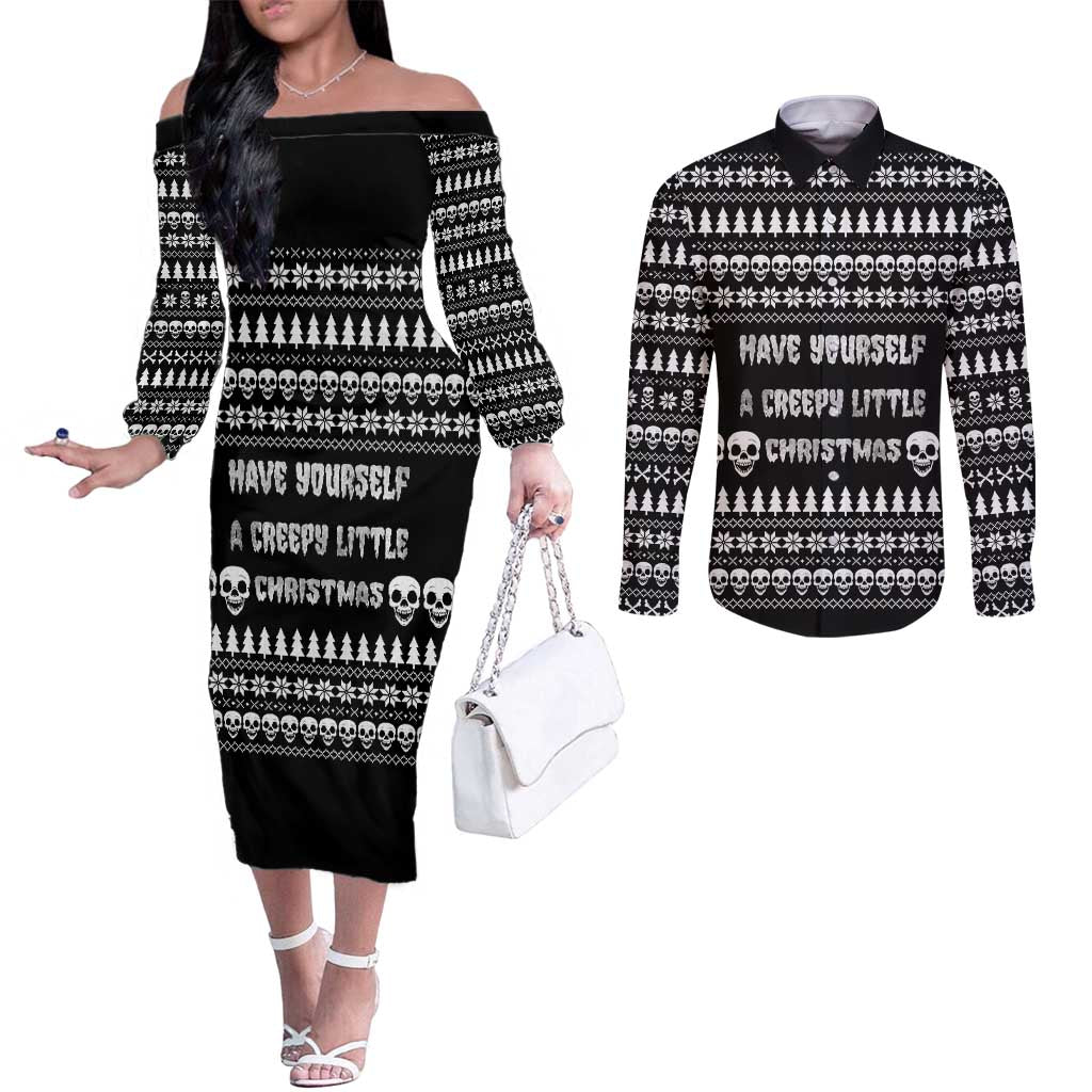 Creepy Christmas Couples Matching Off The Shoulder Long Sleeve Dress and Long Sleeve Button Shirt with Skulls Trees and Gothic Holiday Pattern - Wonder Print Shop