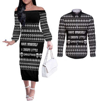 Creepy Christmas Couples Matching Off The Shoulder Long Sleeve Dress and Long Sleeve Button Shirt with Skulls Trees and Gothic Holiday Pattern - Wonder Print Shop