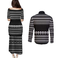 Creepy Christmas Couples Matching Puletasi and Long Sleeve Button Shirt with Skulls Trees and Gothic Holiday Pattern - Wonder Print Shop