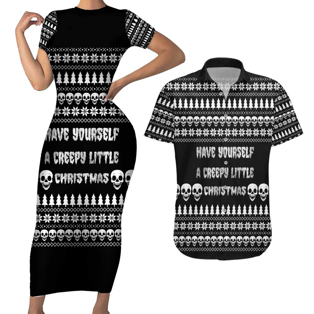 Creepy Christmas Couples Matching Short Sleeve Bodycon Dress and Hawaiian Shirt with Skulls Trees and Gothic Holiday Pattern - Wonder Print Shop