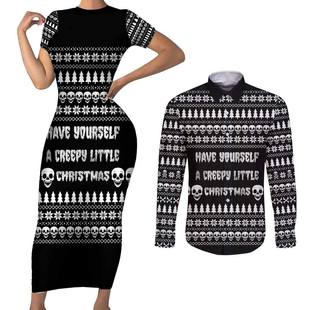 Creepy Christmas Couples Matching Short Sleeve Bodycon Dress and Long Sleeve Button Shirt with Skulls Trees and Gothic Holiday Pattern - Wonder Print Shop