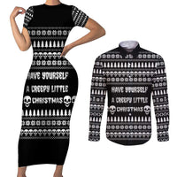 Creepy Christmas Couples Matching Short Sleeve Bodycon Dress and Long Sleeve Button Shirt with Skulls Trees and Gothic Holiday Pattern - Wonder Print Shop