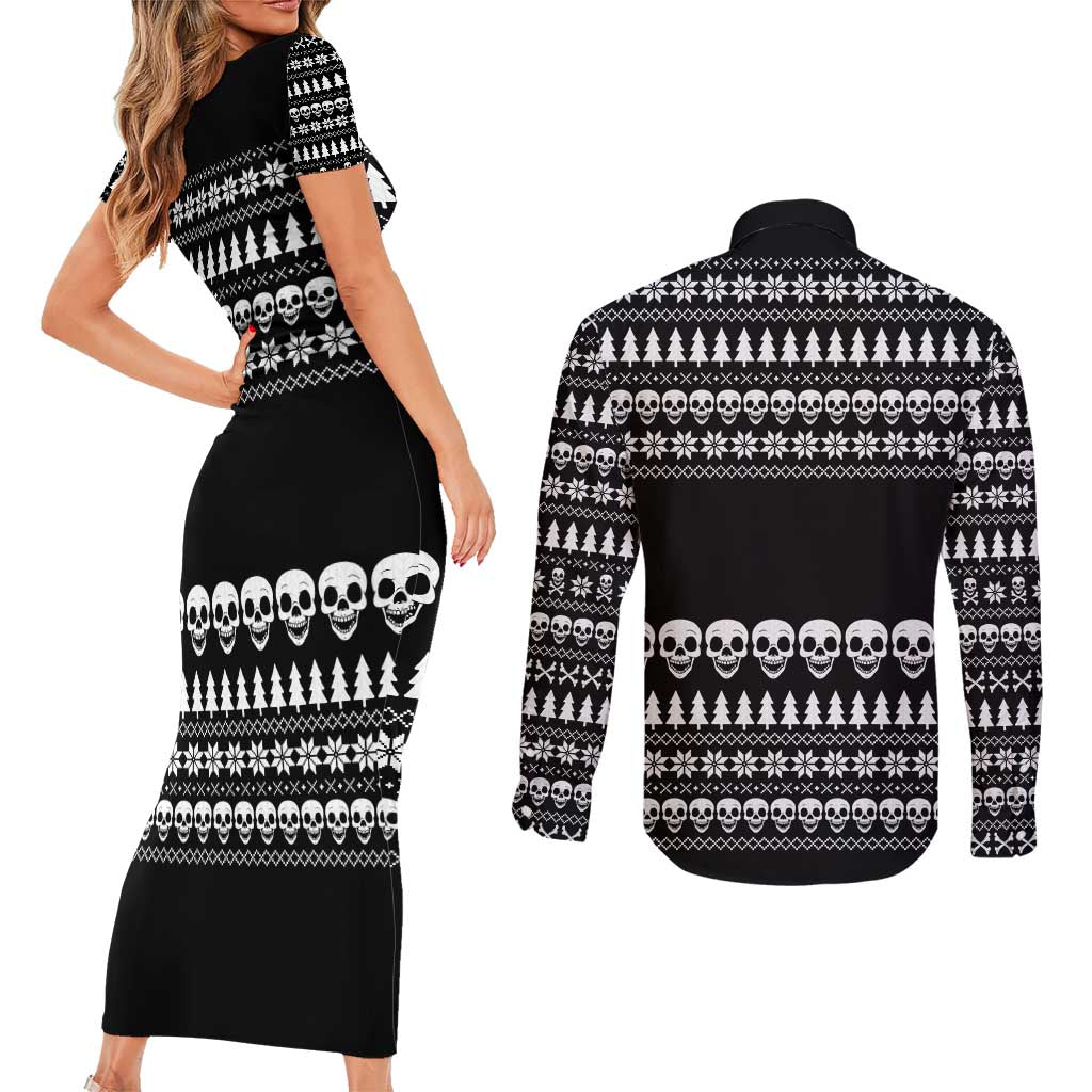Creepy Christmas Couples Matching Short Sleeve Bodycon Dress and Long Sleeve Button Shirt with Skulls Trees and Gothic Holiday Pattern - Wonder Print Shop