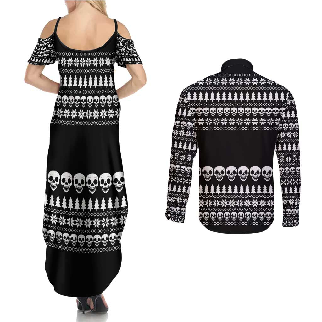 Creepy Christmas Couples Matching Summer Maxi Dress and Long Sleeve Button Shirt with Skulls Trees and Gothic Holiday Pattern - Wonder Print Shop