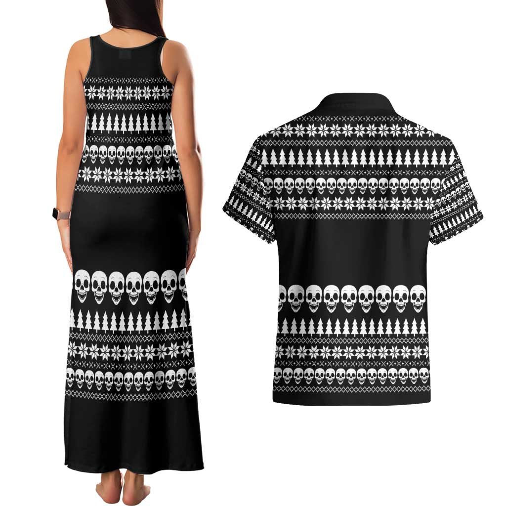 Creepy Christmas Couples Matching Tank Maxi Dress and Hawaiian Shirt with Skulls Trees and Gothic Holiday Pattern - Wonder Print Shop