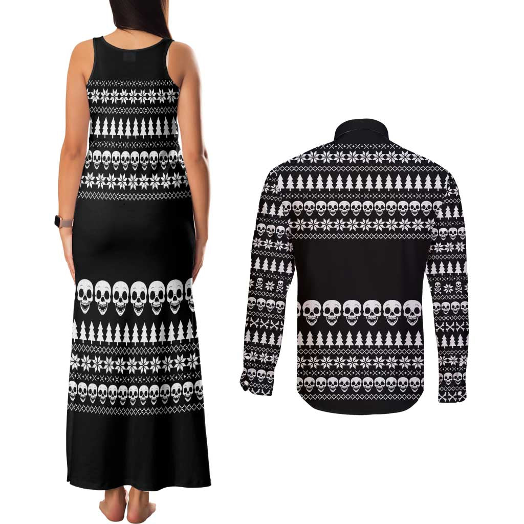 Creepy Christmas Couples Matching Tank Maxi Dress and Long Sleeve Button Shirt with Skulls Trees and Gothic Holiday Pattern - Wonder Print Shop