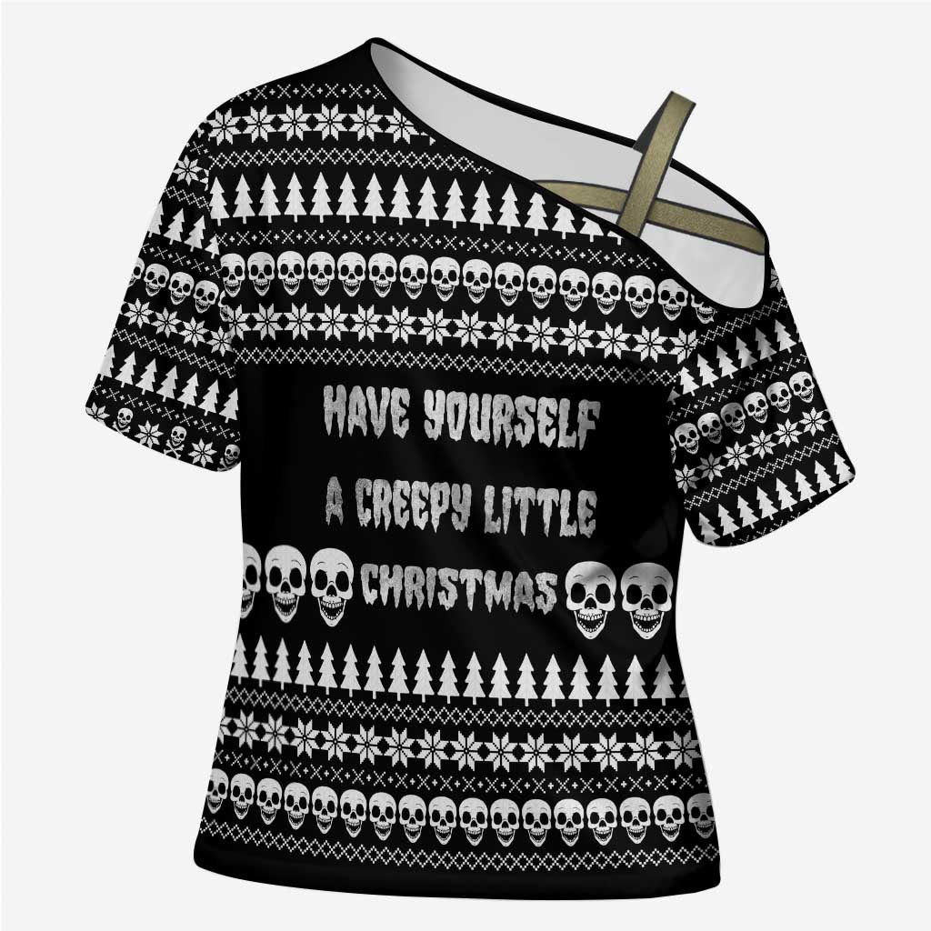Creepy Christmas Cross Shoulder Shirt with Skulls Trees and Gothic Holiday Pattern - Wonder Print Shop