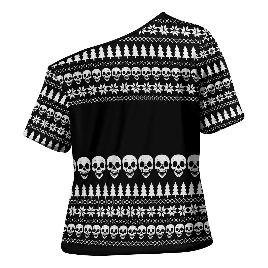 Creepy Christmas Cross Shoulder Shirt with Skulls Trees and Gothic Holiday Pattern - Wonder Print Shop