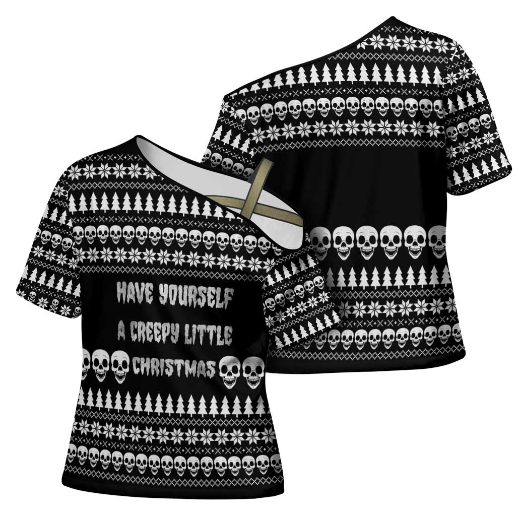 Creepy Christmas Cross Shoulder Shirt with Skulls Trees and Gothic Holiday Pattern - Wonder Print Shop
