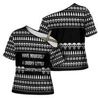 Creepy Christmas Cross Shoulder Shirt with Skulls Trees and Gothic Holiday Pattern - Wonder Print Shop