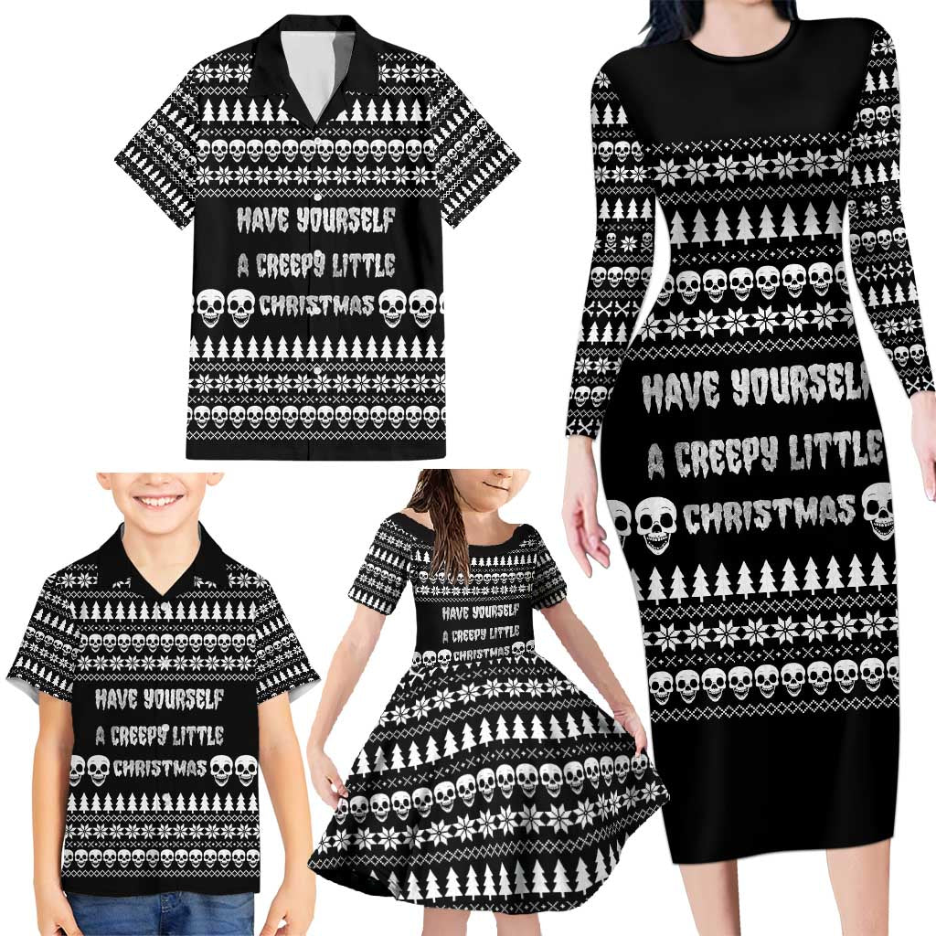 Creepy Christmas Family Matching Long Sleeve Bodycon Dress and Hawaiian Shirt with Skulls Trees and Gothic Holiday Pattern - Wonder Print Shop
