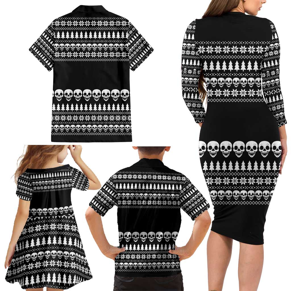 Creepy Christmas Family Matching Long Sleeve Bodycon Dress and Hawaiian Shirt with Skulls Trees and Gothic Holiday Pattern - Wonder Print Shop