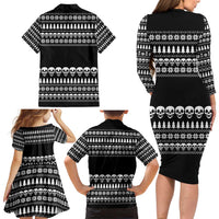 Creepy Christmas Family Matching Long Sleeve Bodycon Dress and Hawaiian Shirt with Skulls Trees and Gothic Holiday Pattern - Wonder Print Shop