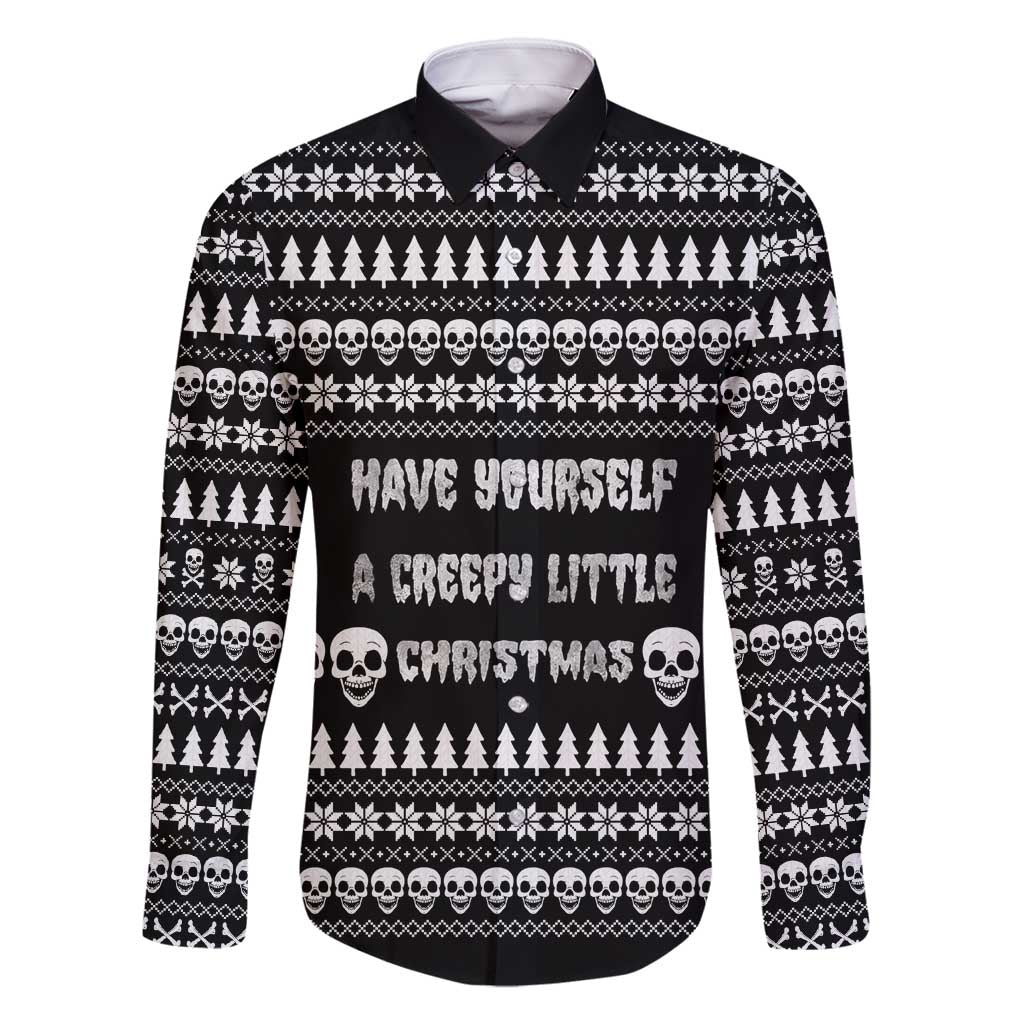 Creepy Christmas Family Matching Long Sleeve Bodycon Dress and Hawaiian Shirt with Skulls Trees and Gothic Holiday Pattern - Wonder Print Shop