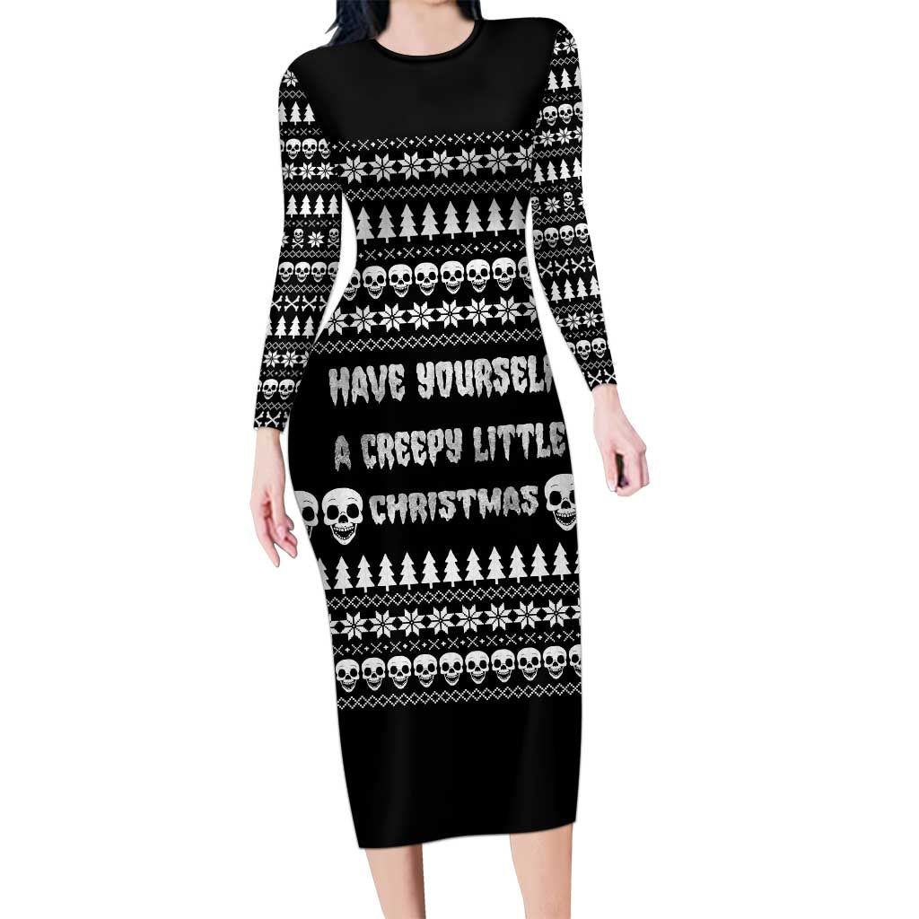 Creepy Christmas Family Matching Long Sleeve Bodycon Dress and Hawaiian Shirt with Skulls Trees and Gothic Holiday Pattern - Wonder Print Shop