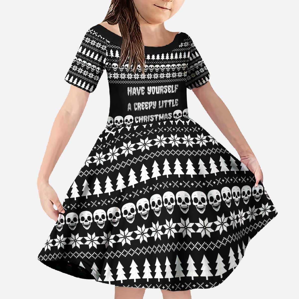 Creepy Christmas Family Matching Off The Shoulder Long Sleeve Dress and Hawaiian Shirt with Skulls Trees and Gothic Holiday Pattern - Wonder Print Shop