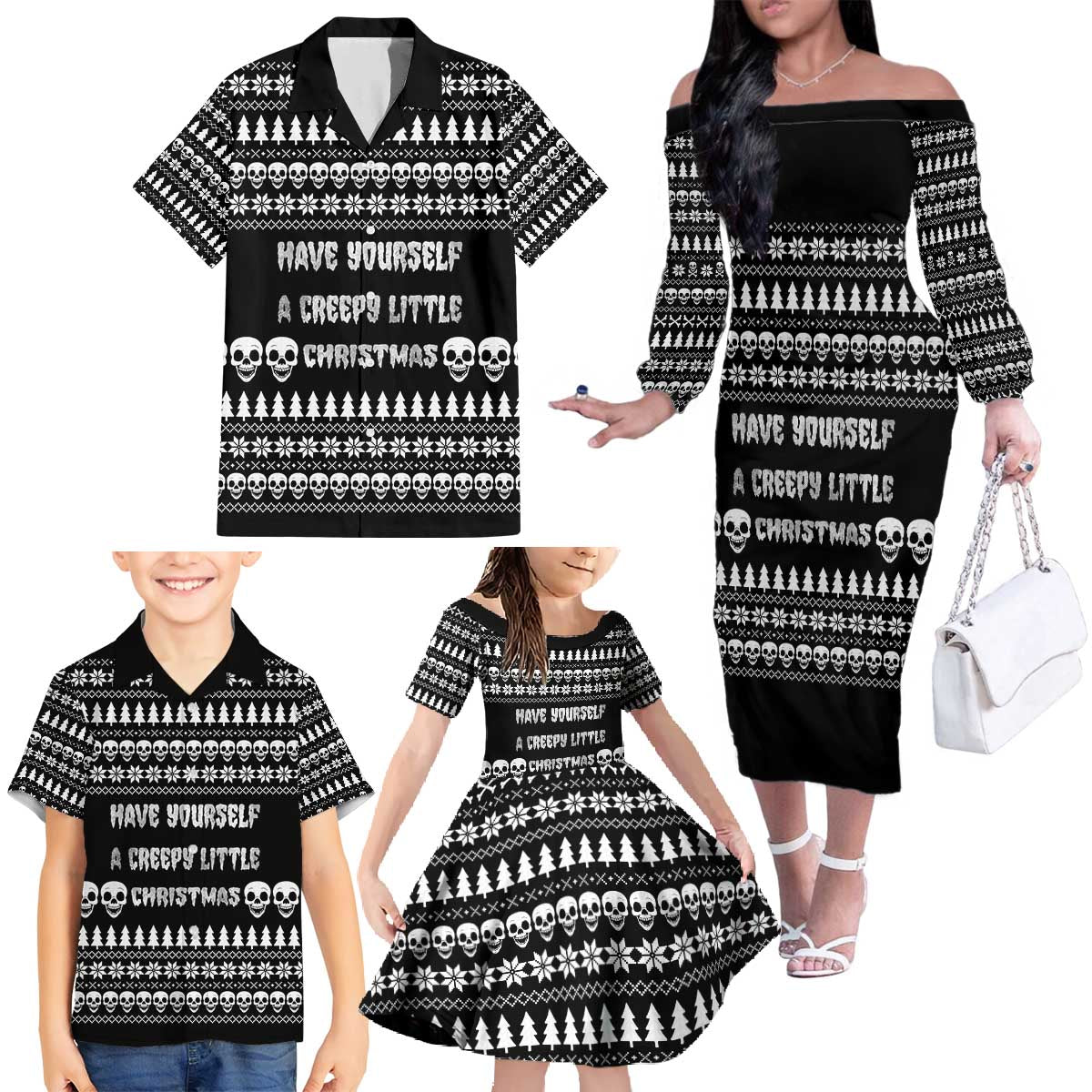 Creepy Christmas Family Matching Off The Shoulder Long Sleeve Dress and Hawaiian Shirt with Skulls Trees and Gothic Holiday Pattern - Wonder Print Shop