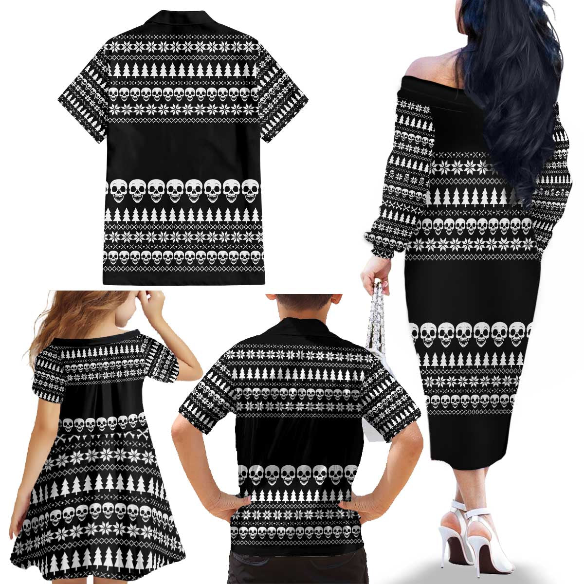Creepy Christmas Family Matching Off The Shoulder Long Sleeve Dress and Hawaiian Shirt with Skulls Trees and Gothic Holiday Pattern - Wonder Print Shop