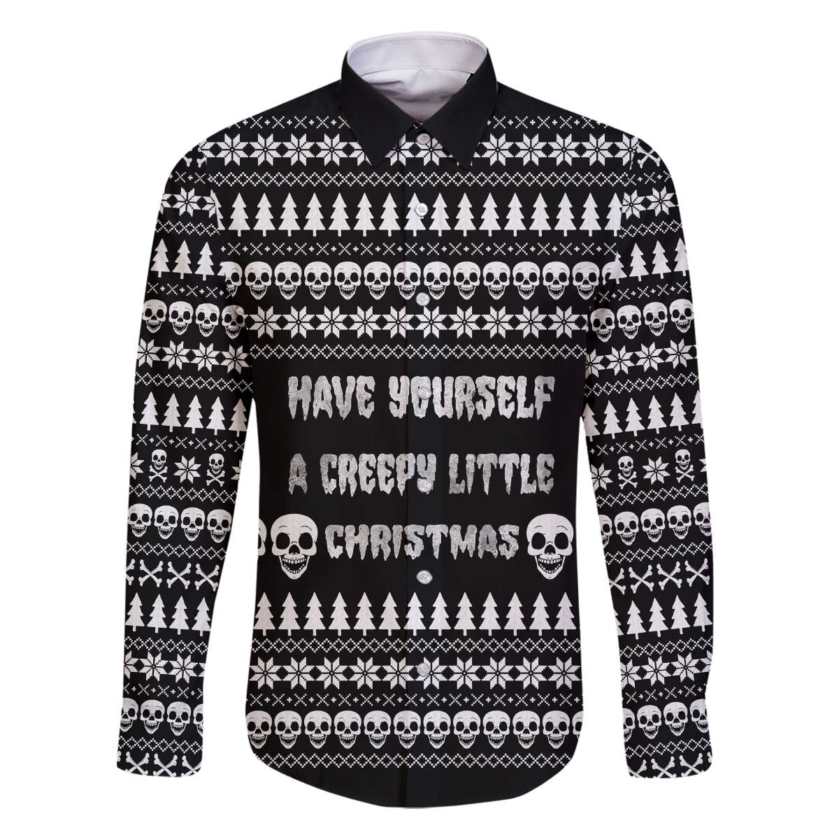 Creepy Christmas Family Matching Off The Shoulder Long Sleeve Dress and Hawaiian Shirt with Skulls Trees and Gothic Holiday Pattern - Wonder Print Shop