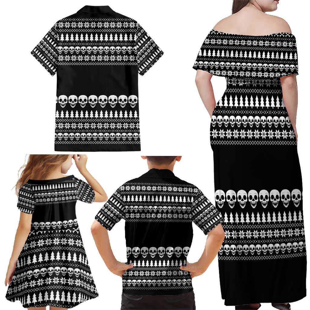 Creepy Christmas Family Matching Off Shoulder Maxi Dress and Hawaiian Shirt with Skulls Trees and Gothic Holiday Pattern - Wonder Print Shop