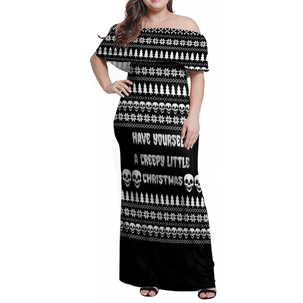 Creepy Christmas Family Matching Off Shoulder Maxi Dress and Hawaiian Shirt with Skulls Trees and Gothic Holiday Pattern - Wonder Print Shop